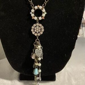 Long Dark Brass Over the Head Necklace Pearl and Rhinestone Pendants by Plunder